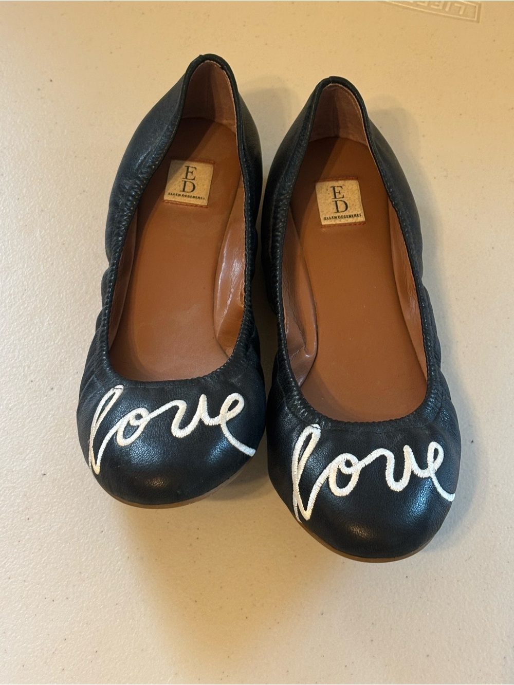 Ellen Degeneres Black Leather 'Love' Script Ballet Flats